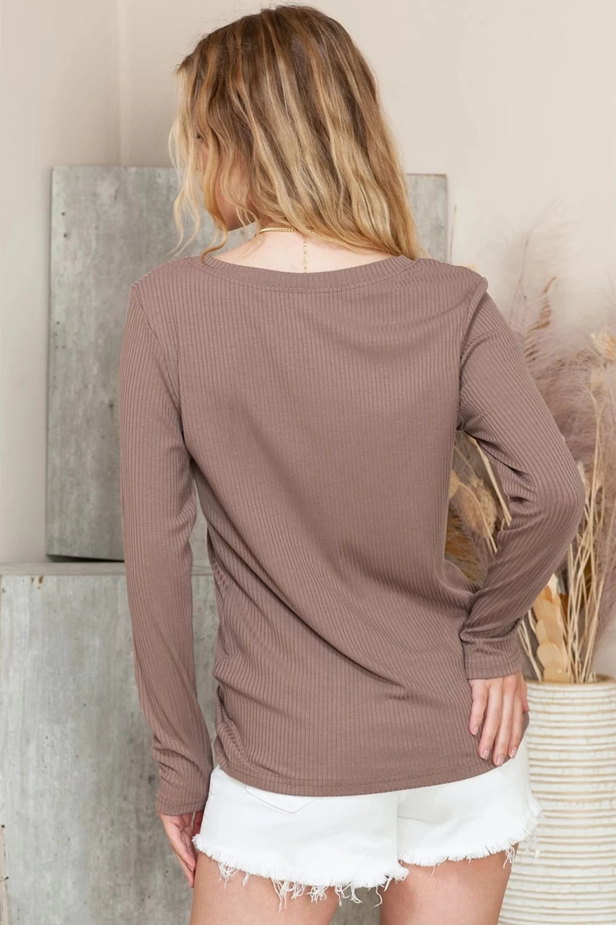 Shewin Women's Khaki Ribbed Knit V-Neck Top with Patched Chest Pocket