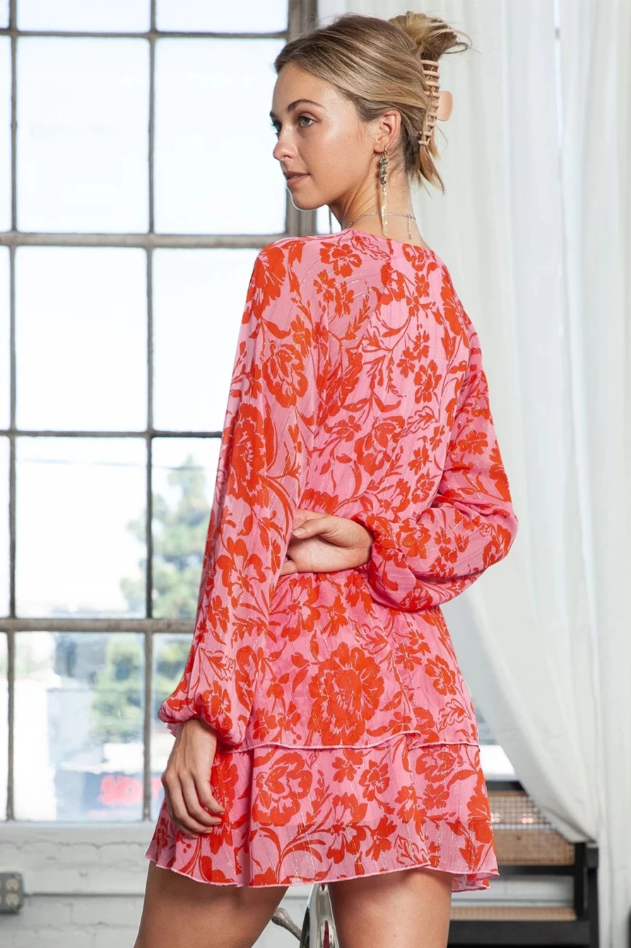 Shewin Women's Red Floral Boho Wrap Dress with V-Neck and Long Sleeves