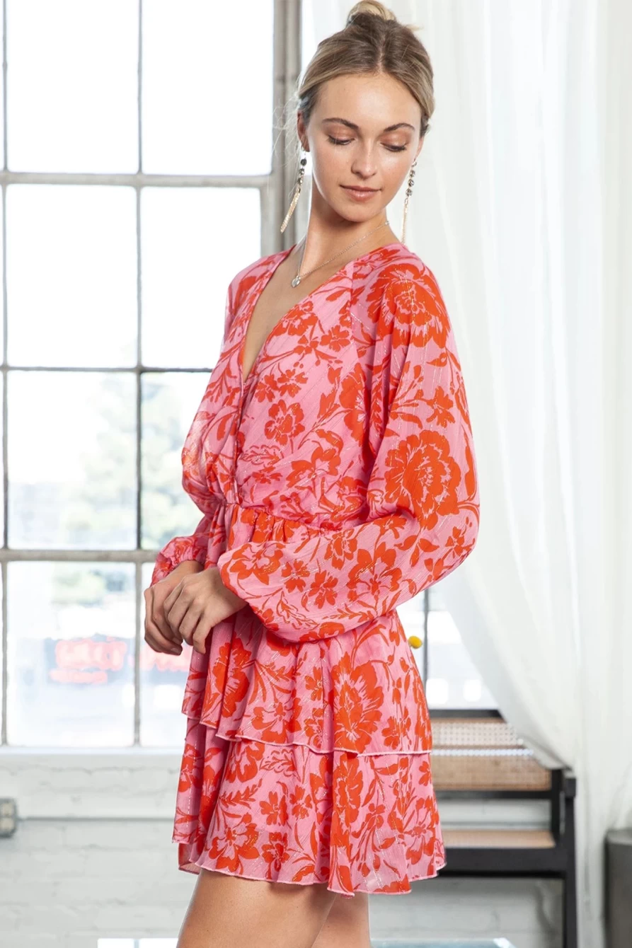 Shewin Women's Red Floral Boho Wrap Dress with V-Neck and Long Sleeves