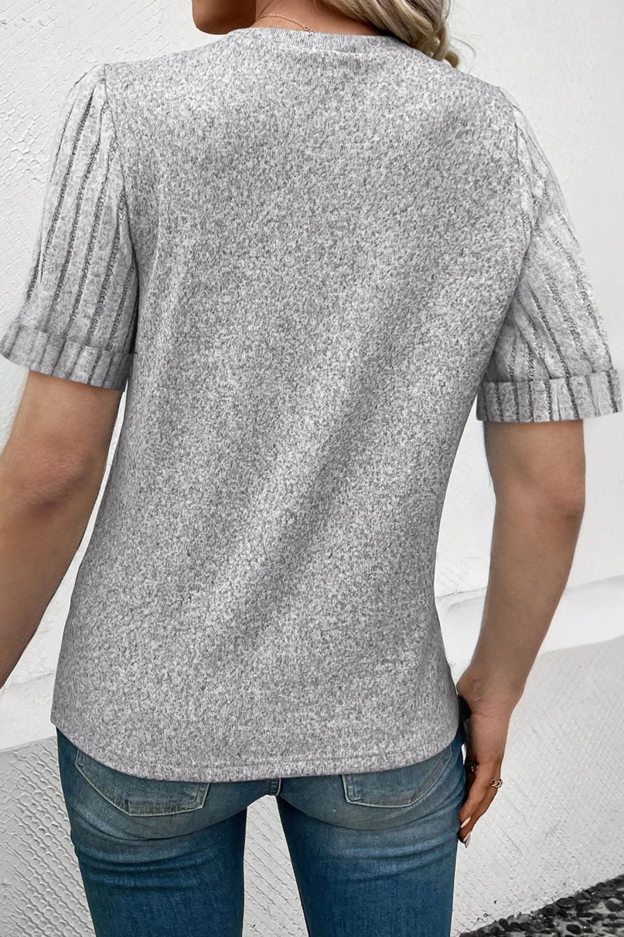 Shewin Women's Gray Ribbed Short Sleeve Round Neck T-Shirt - Splicing Casual Top