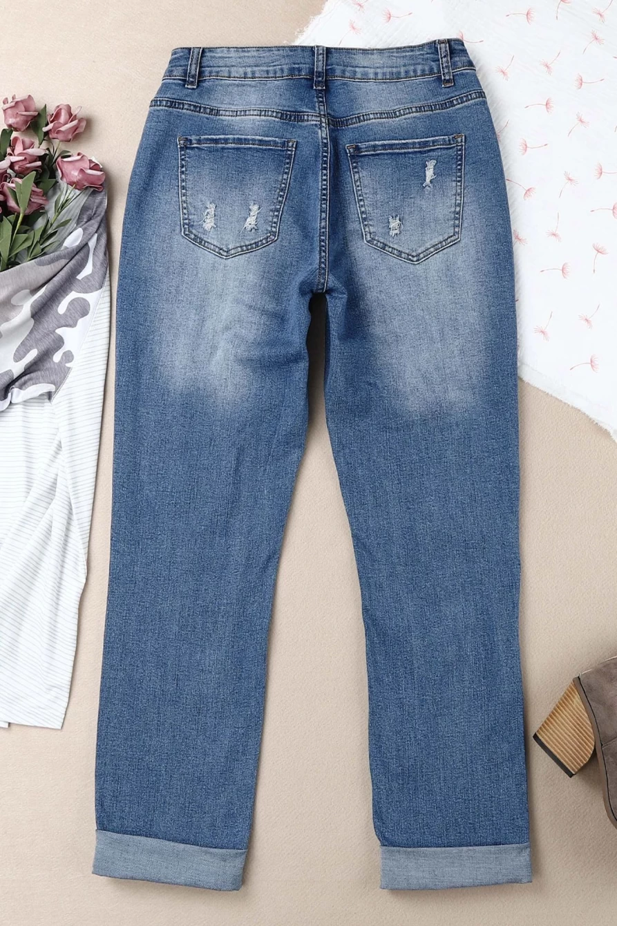 "SheWin Women's Sky Blue Animal Print Ripped Straight Leg Graphic Jeans"