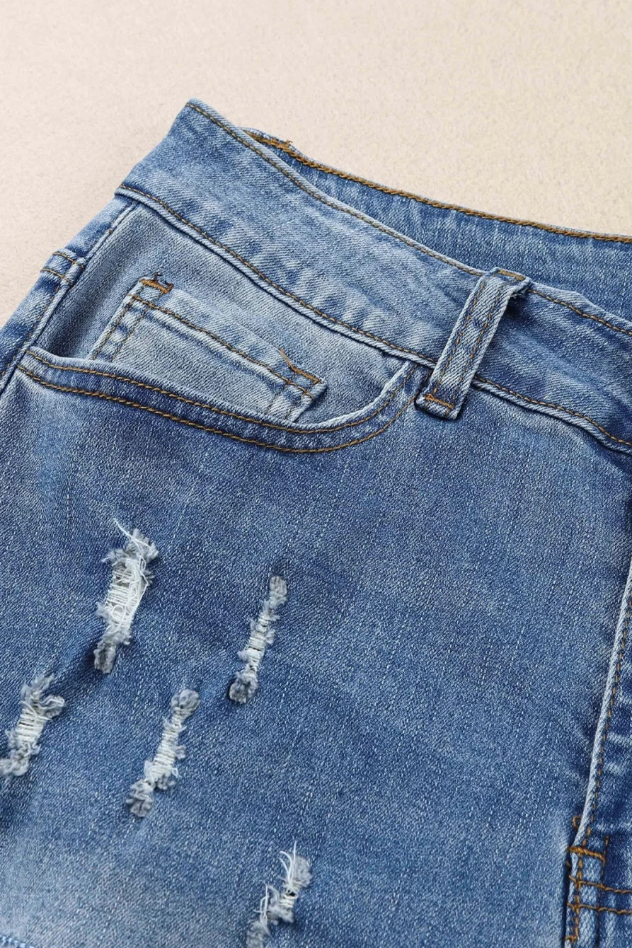 "SheWin Women's Sky Blue Animal Print Ripped Straight Leg Graphic Jeans"