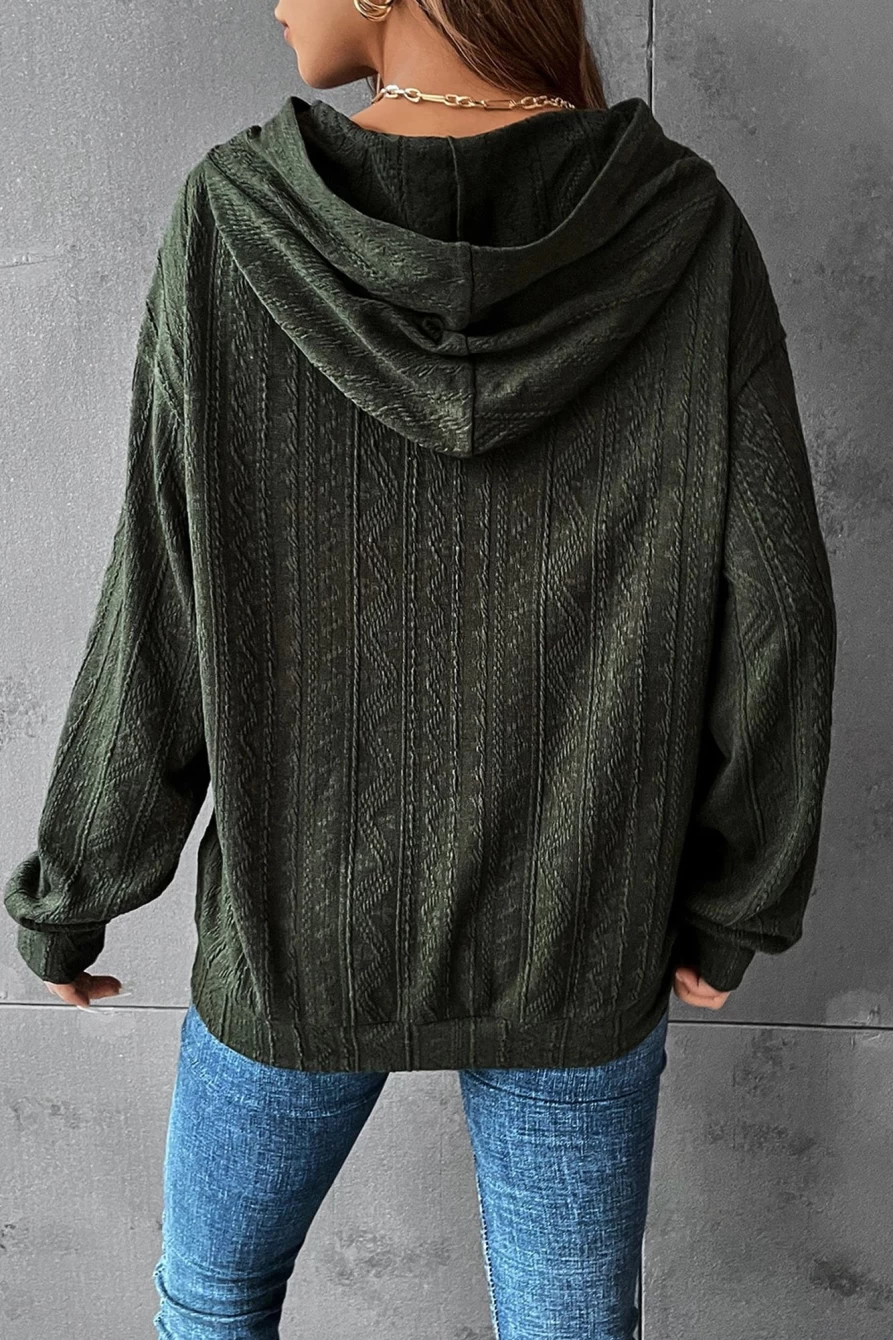 Shewin Women's Duffel Green Casual Ribbed Knit Hooded Sweatshirt