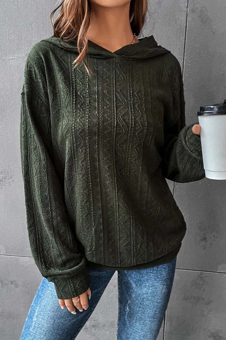 Shewin Women's Duffel Green Casual Ribbed Knit Hooded Sweatshirt