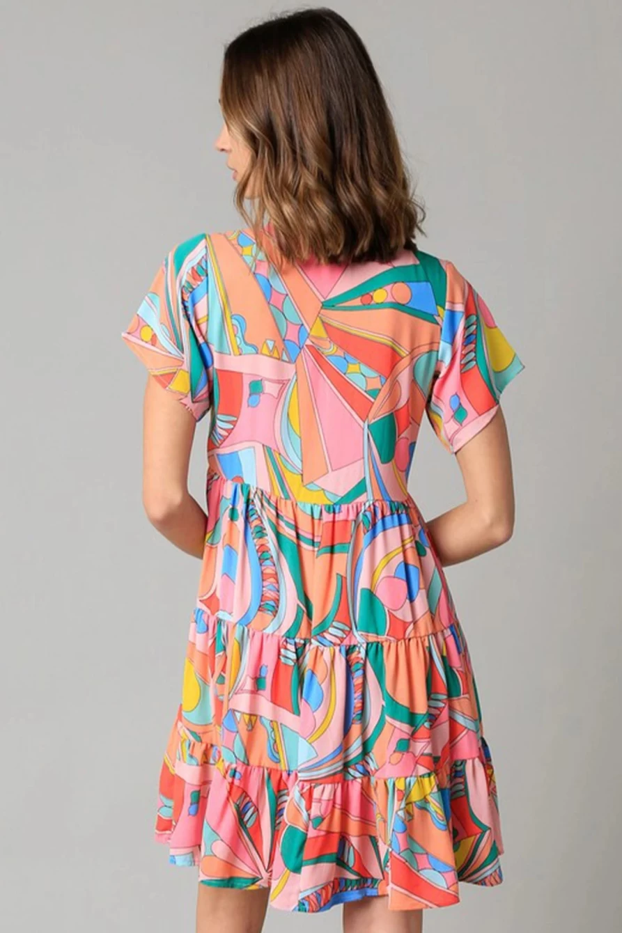 Shewin Women's Multicolor Abstract Print Split V-Neck Short Sleeve Tiered Summer Dress
