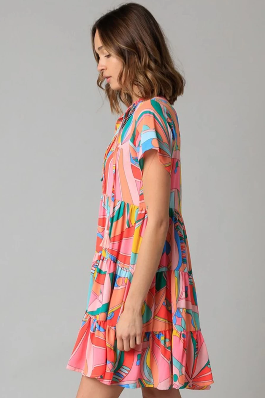 Shewin Women's Multicolor Abstract Print Split V-Neck Short Sleeve Tiered Summer Dress
