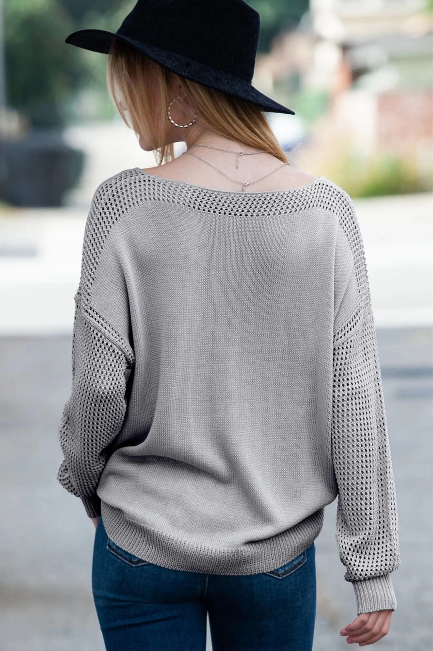 Shewin Women's Gray V-Neck Crochet Patchwork Sweater with Hollow Sleeves