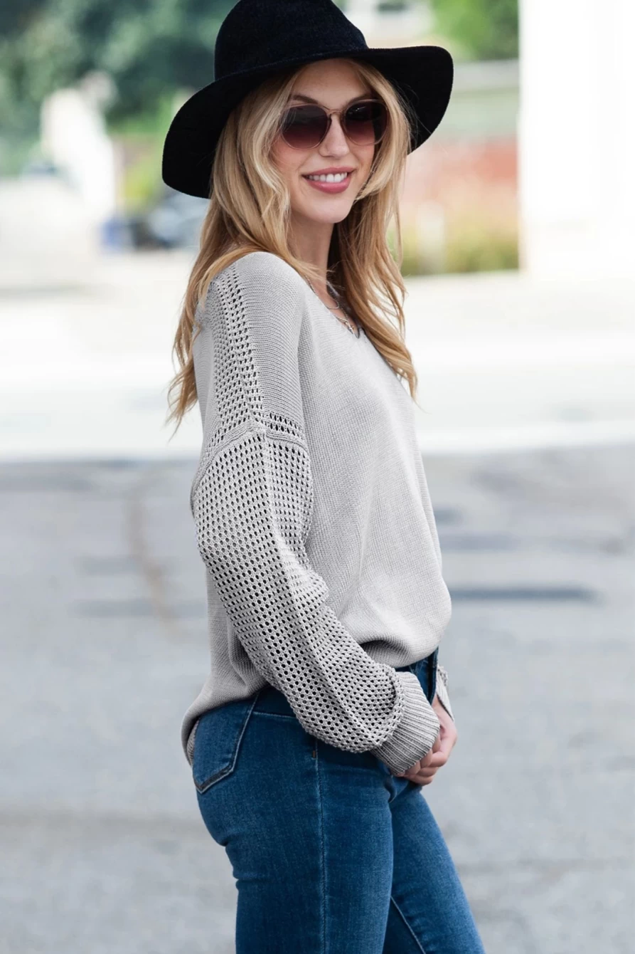 Shewin Women's Gray V-Neck Crochet Patchwork Sweater with Hollow Sleeves