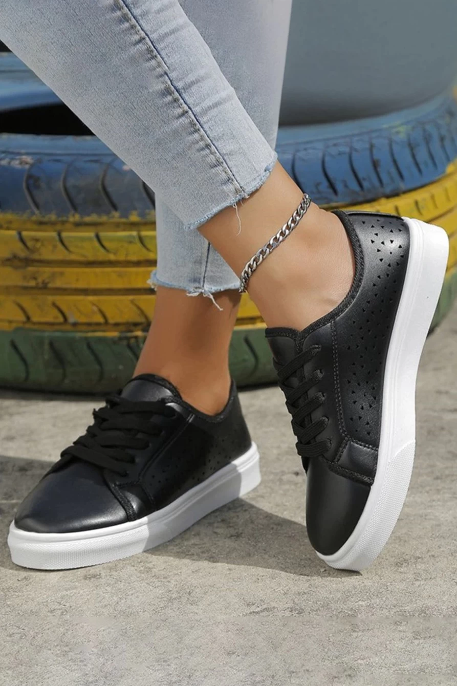 Shewin Women's Black Lace-Up Sneakers - Laser Cut PU Leather Fashion Shoes