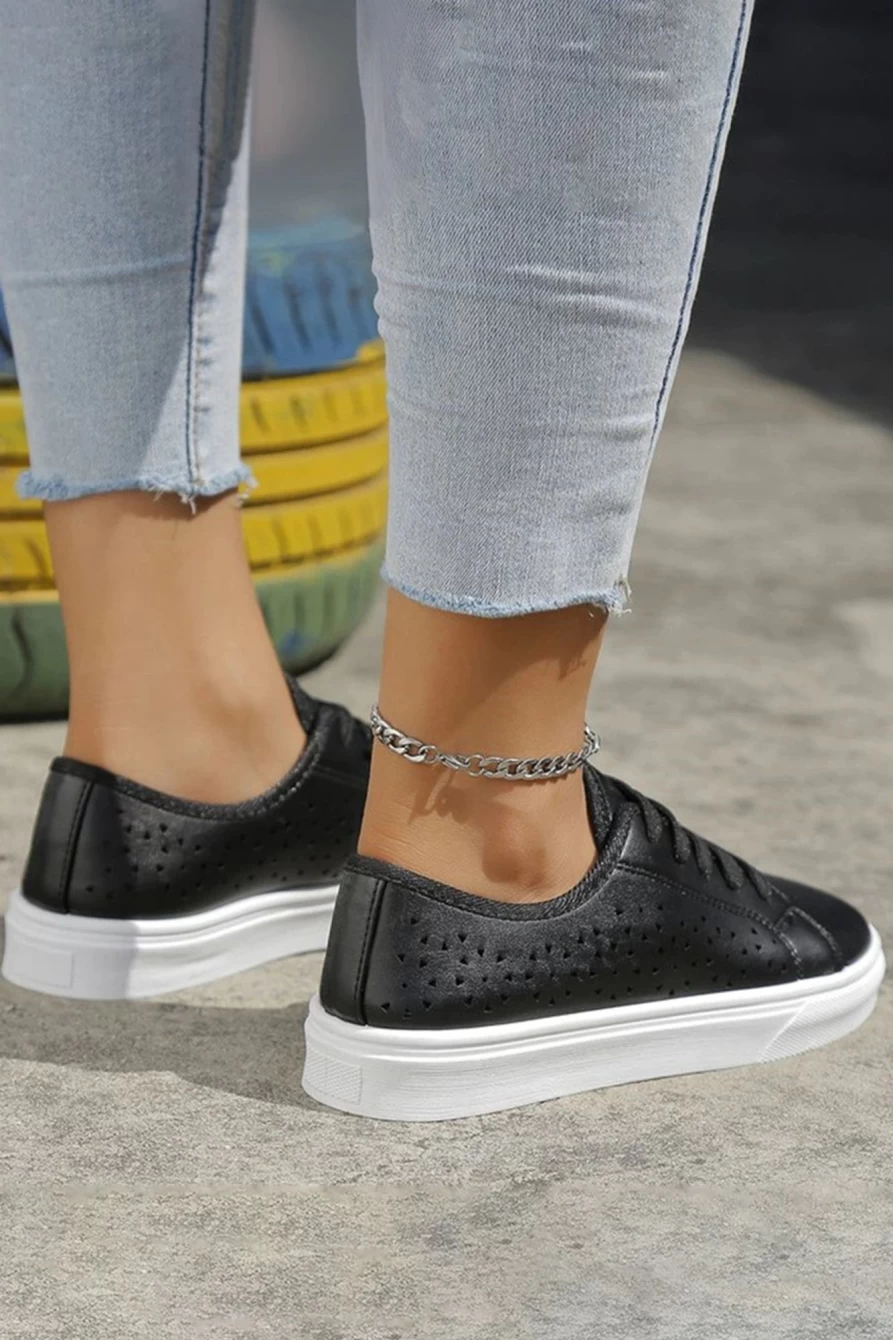 Shewin Women's Black Lace-Up Sneakers - Laser Cut PU Leather Fashion Shoes