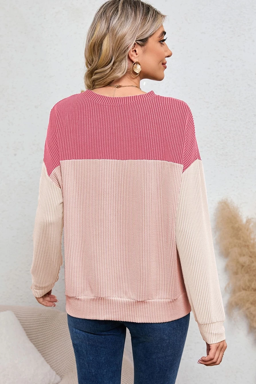 Shewin Women's Pink Color Block Loose Long Sleeve Top
