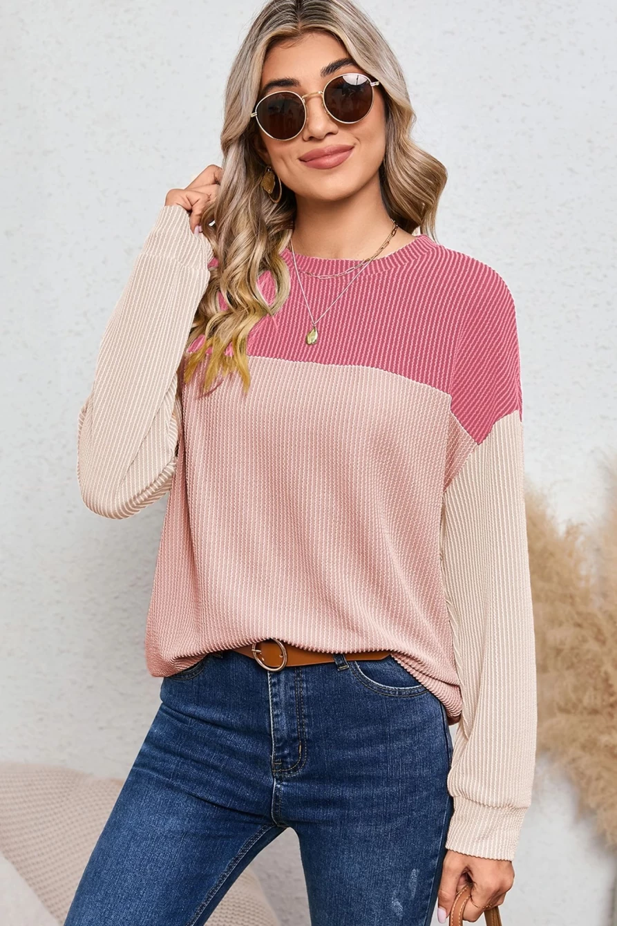 Shewin Women's Pink Color Block Loose Long Sleeve Top