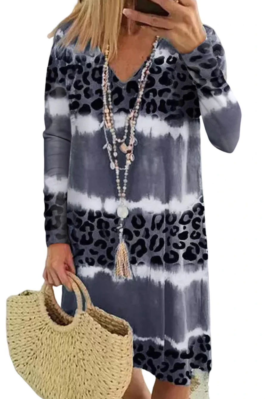 Shewin Women's Leopard Print Tie-Dye Gray Long Sleeve Shift Midi Dress