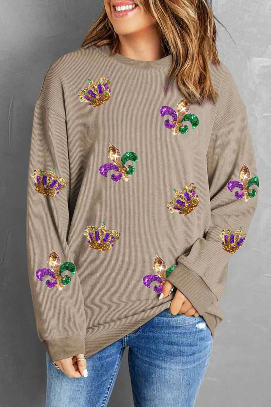 Shewin Women's Khaki Sequin Fleur De Lis Crown Graphic Sweatshirt - Mardi Gras Party Top