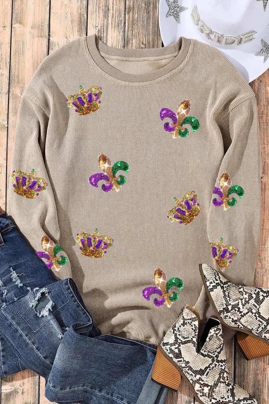 Shewin Women's Khaki Sequin Fleur De Lis Crown Graphic Sweatshirt - Mardi Gras Party Top