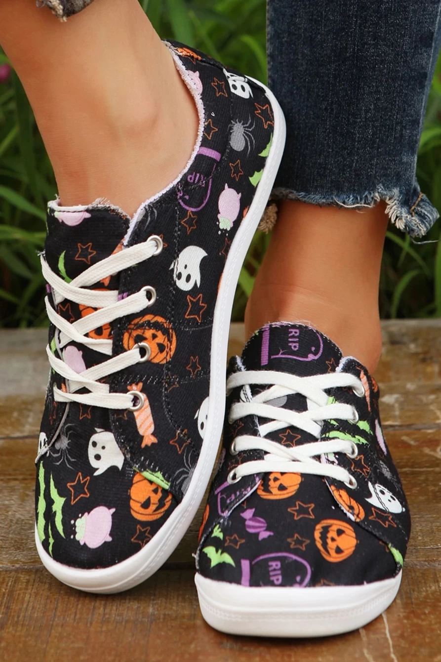 Shewin Women's Black Halloween Ghouls & Pumpkin Print Sneakers for Spooky Style