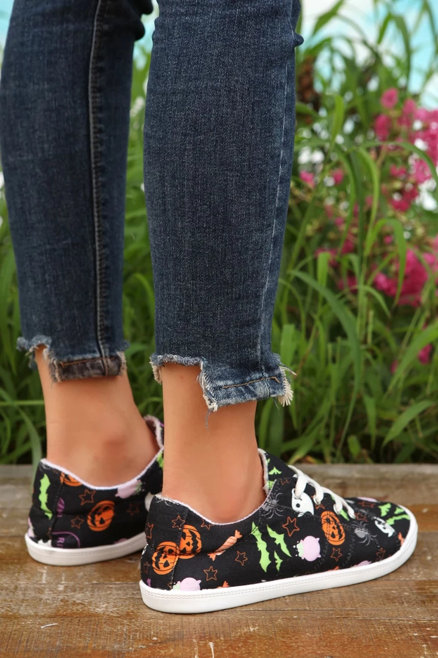 Shewin Women's Black Halloween Ghouls & Pumpkin Print Sneakers for Spooky Style