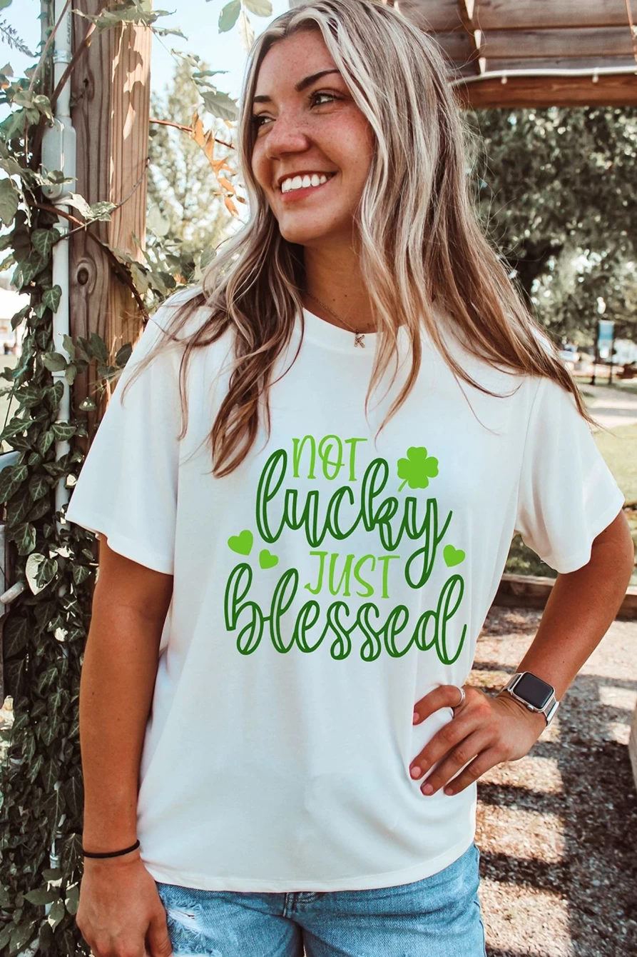 "Shewin Women's White St Patrick's Day Blessed Graphic T-Shirt"