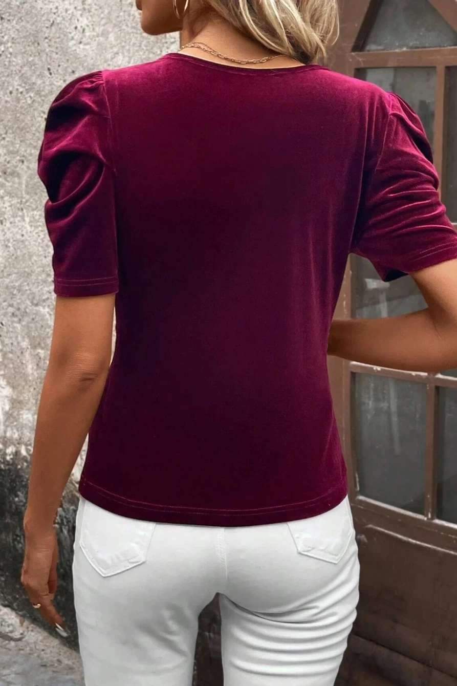 Shewin Women's Plus Size Burgundy Velvet U Neck Top with Bubble Sleeves