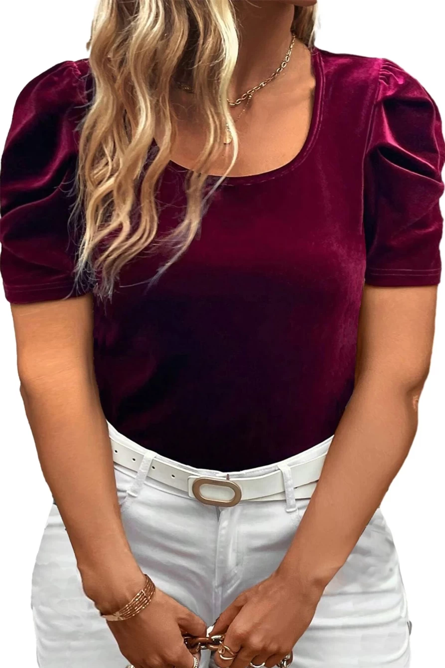 Shewin Women's Plus Size Burgundy Velvet U Neck Top with Bubble Sleeves