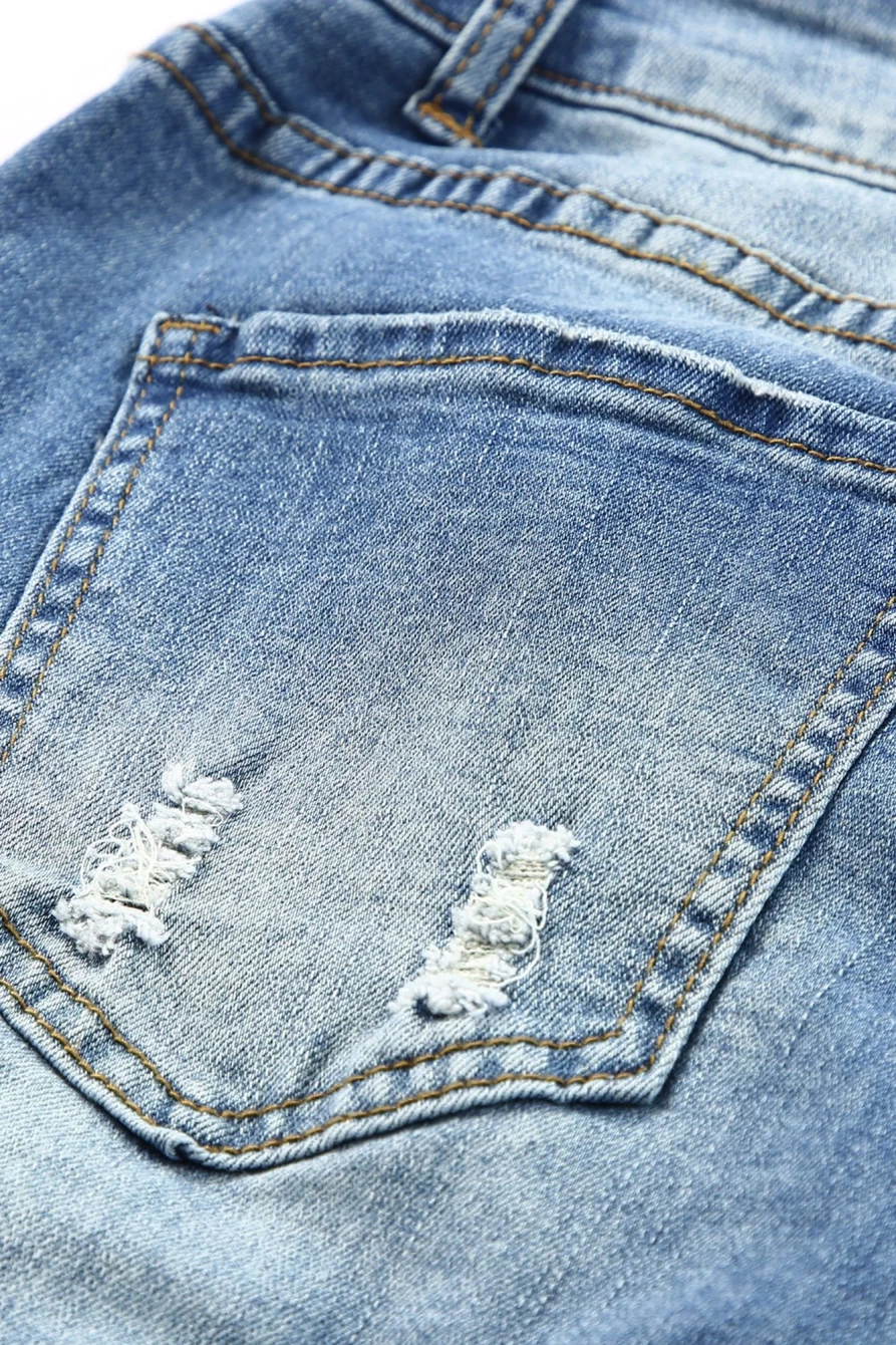 "SheWin Women's Sky Blue Leopard Print Ripped Jeans - Distressed Denim Pants"