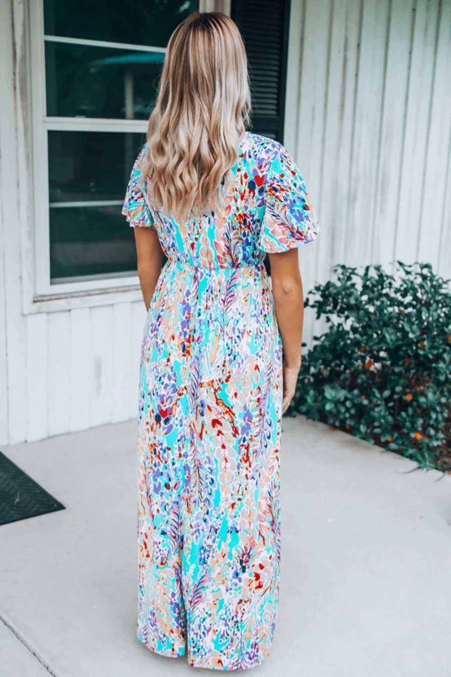 Shewin Women's Green Abstract Botanic Print Wrap V-Neck Short Sleeve Maxi Dress