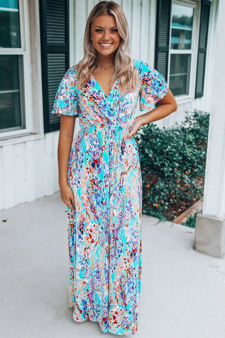 Shewin Women's Green Abstract Botanic Print Wrap V-Neck Short Sleeve Maxi Dress