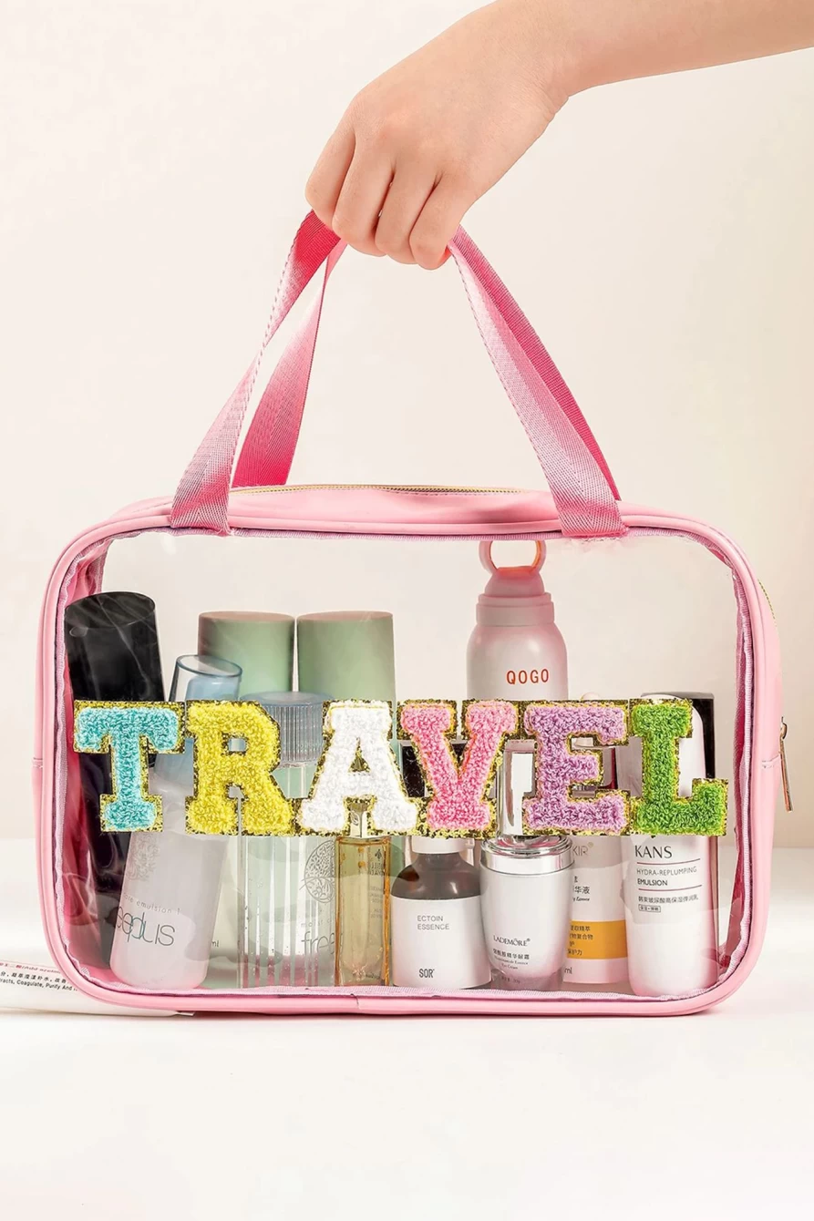 Shewin Pink Travel Makeup Bag with Chenille Patch for Women
