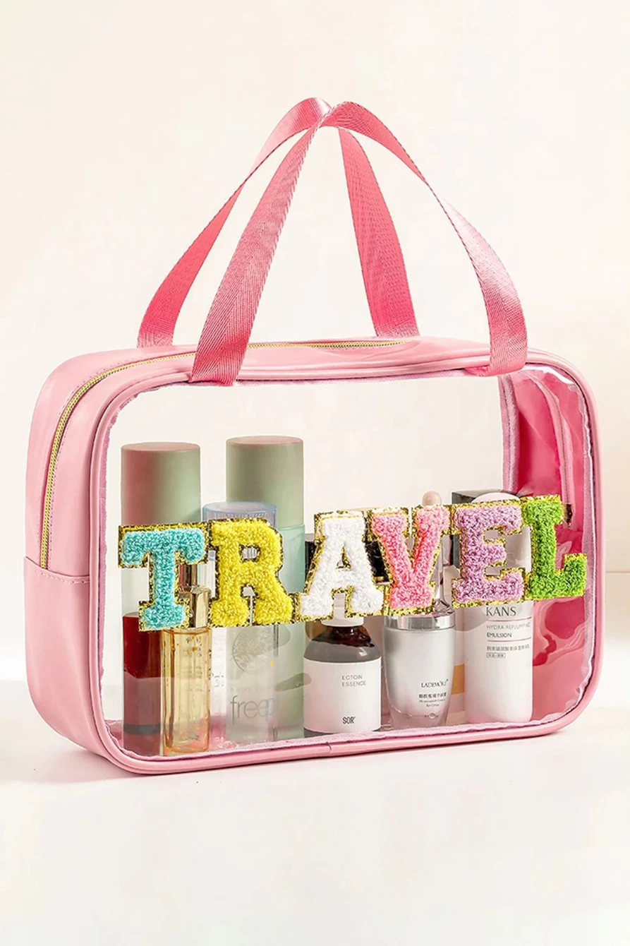 Shewin Pink Travel Makeup Bag with Chenille Patch for Women