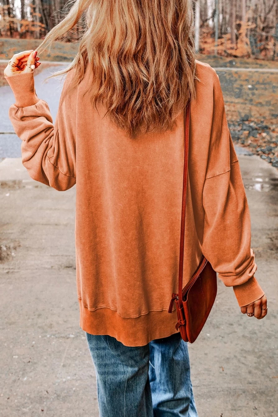 "Shewin Women's Grapefruit Orange Oversized Drop Shoulder Sweatshirt with Ribbed Trim - Washed Cotton Casual Pullover"