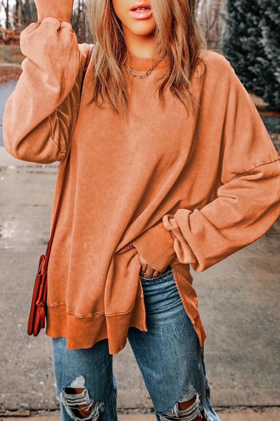 "Shewin Women's Grapefruit Orange Oversized Drop Shoulder Sweatshirt with Ribbed Trim - Washed Cotton Casual Pullover"