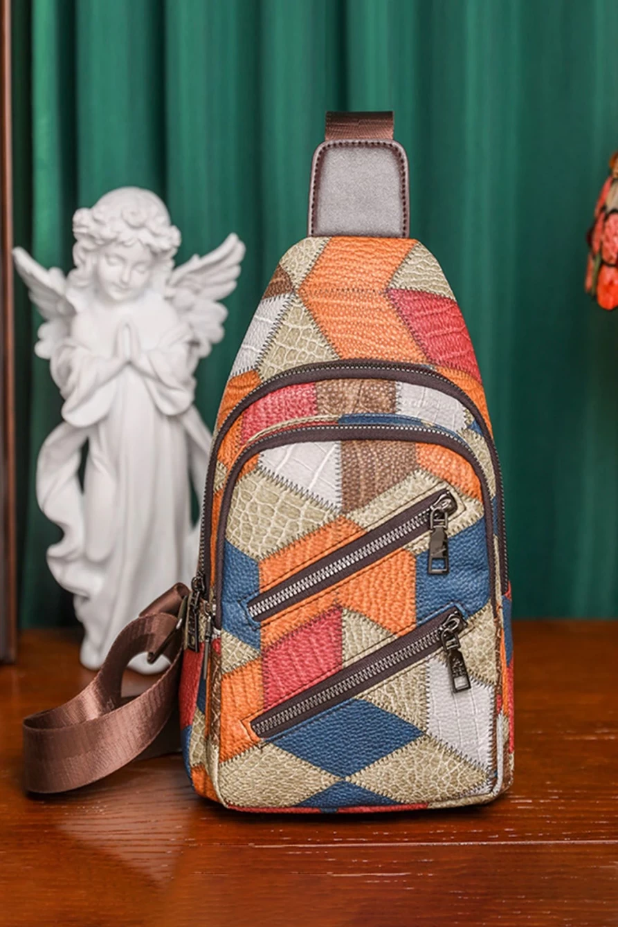 Shewin Women's Multicolor Geometric Color Block Crossbody Bag - Stylish PU Leather Stitching Design