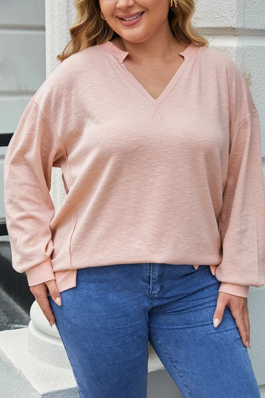 Shewin Women's Plus Size Pink Raw Cut Notched Neck French Terry Sweatshirt