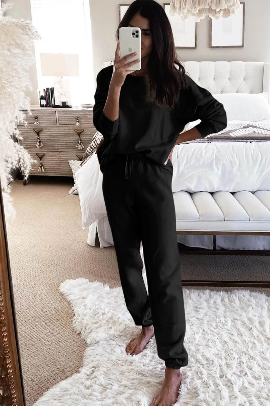"Shewin Women's Black Plain Long Sleeve Top & Drawstring Pants Two-Piece Set"