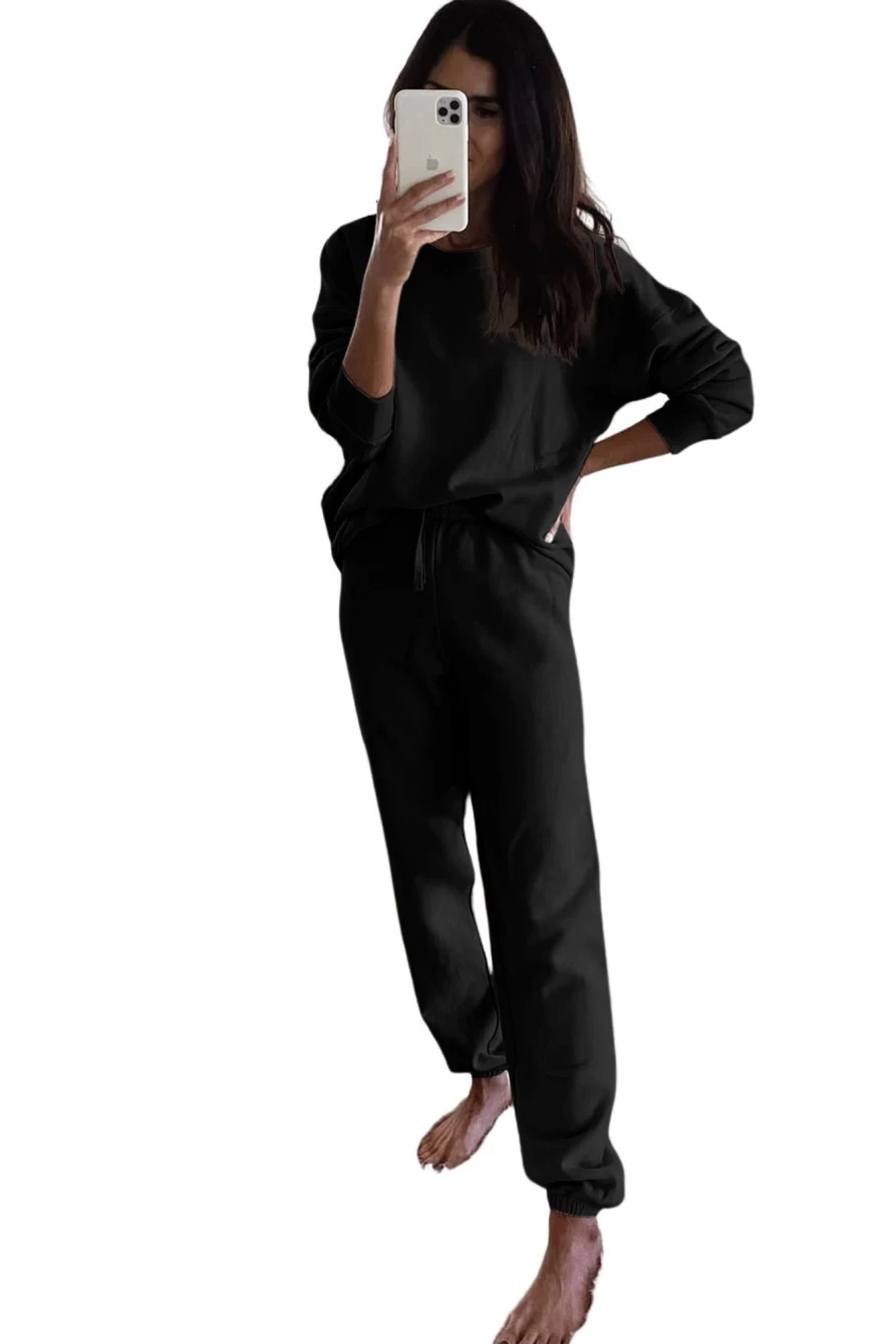 "Shewin Women's Black Plain Long Sleeve Top & Drawstring Pants Two-Piece Set"