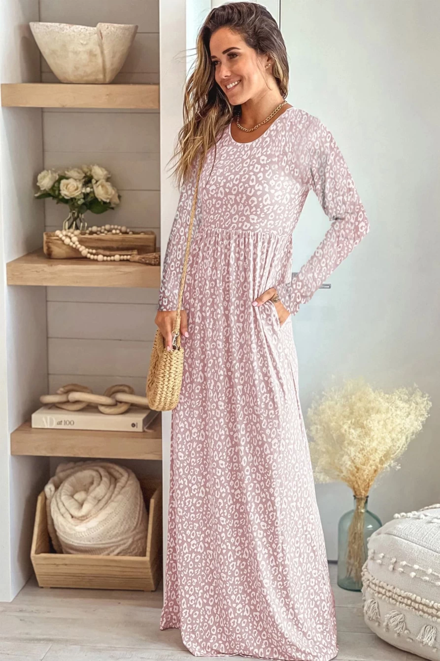 Shewin Women's Leopard Print Empire Waist Long Sleeve Maxi Dress