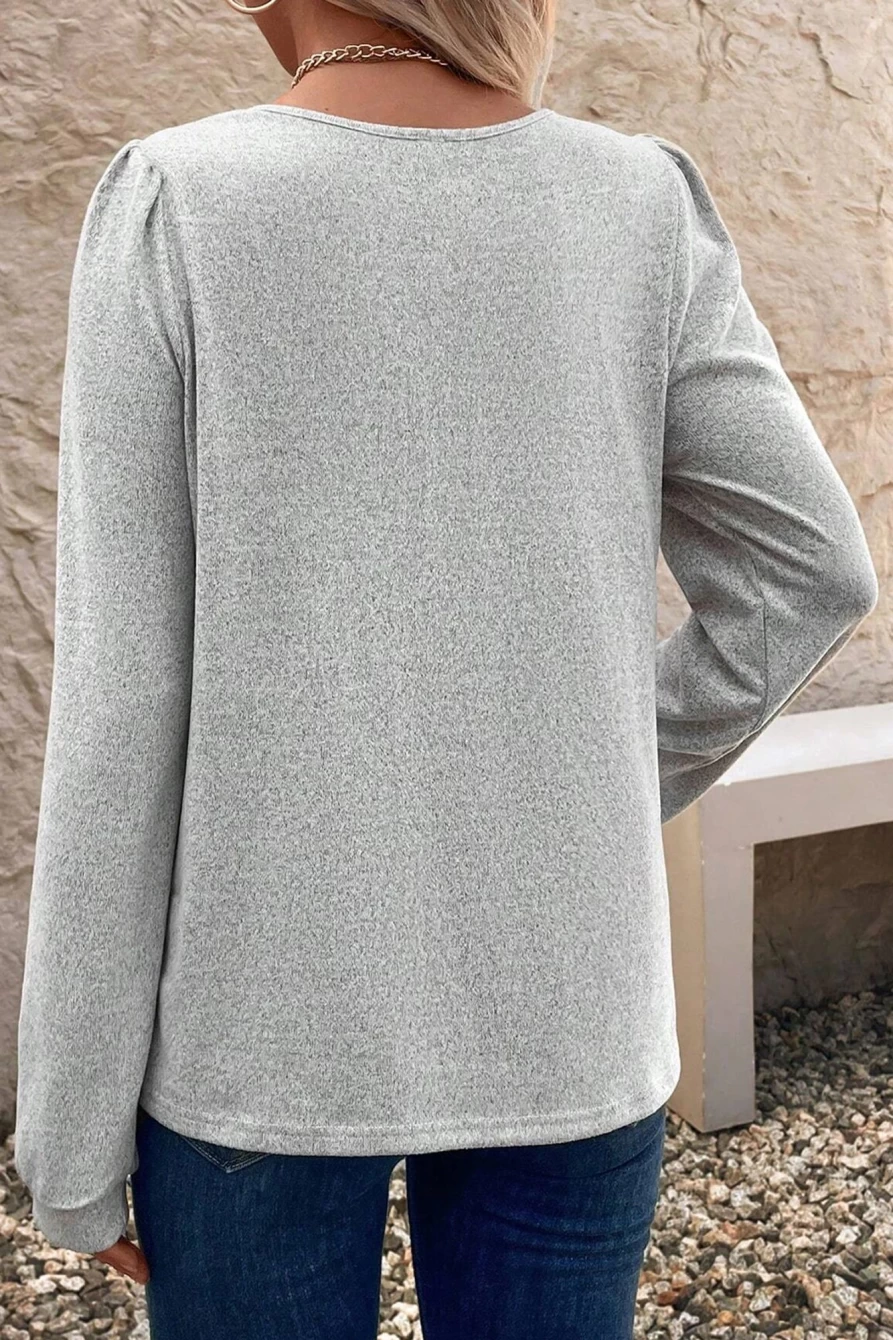 Shewin Women's Light Grey Puff Sleeve Top with Notched Neck and Button Detail