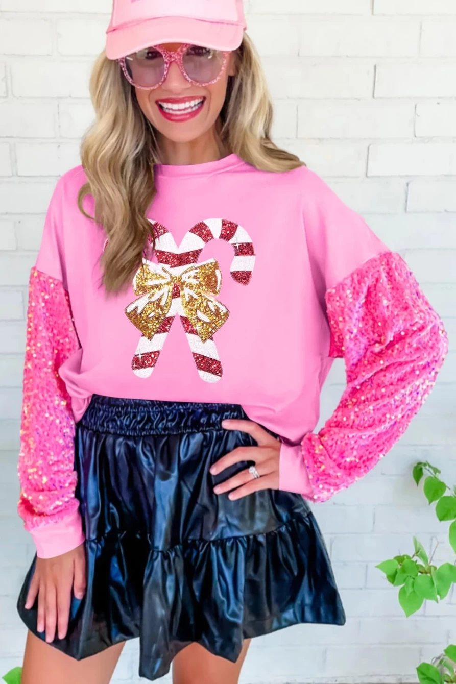 Shewin Women's Pink Christmas Sequin Sleeve Graphic Sweatshirt Holiday Party Top