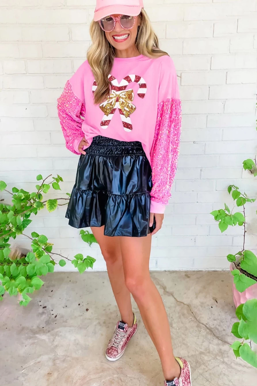 Shewin Women's Pink Christmas Sequin Sleeve Graphic Sweatshirt Holiday Party Top