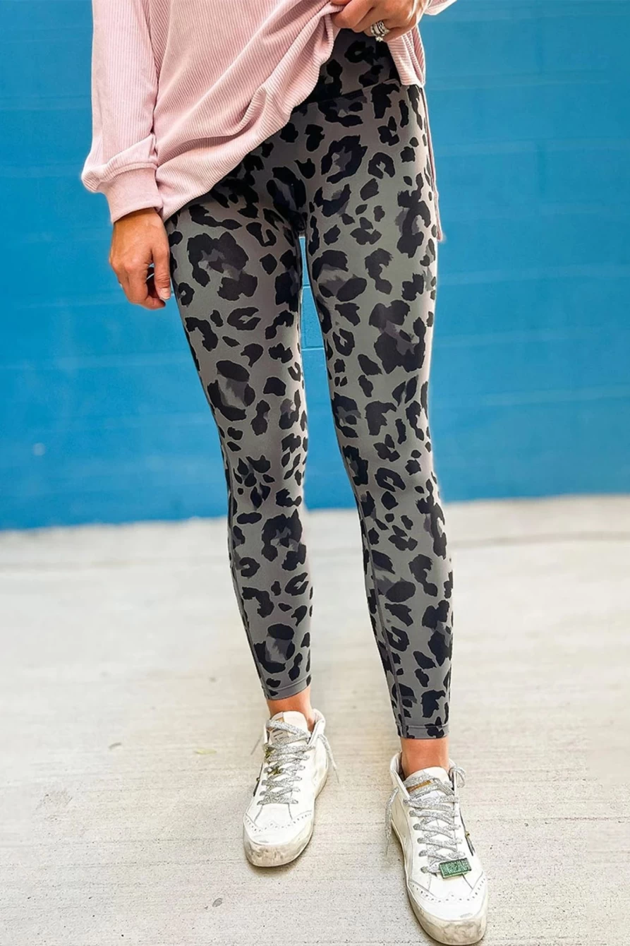 Shewin Women's Gray Leopard Print High Waist Casual Leggings
