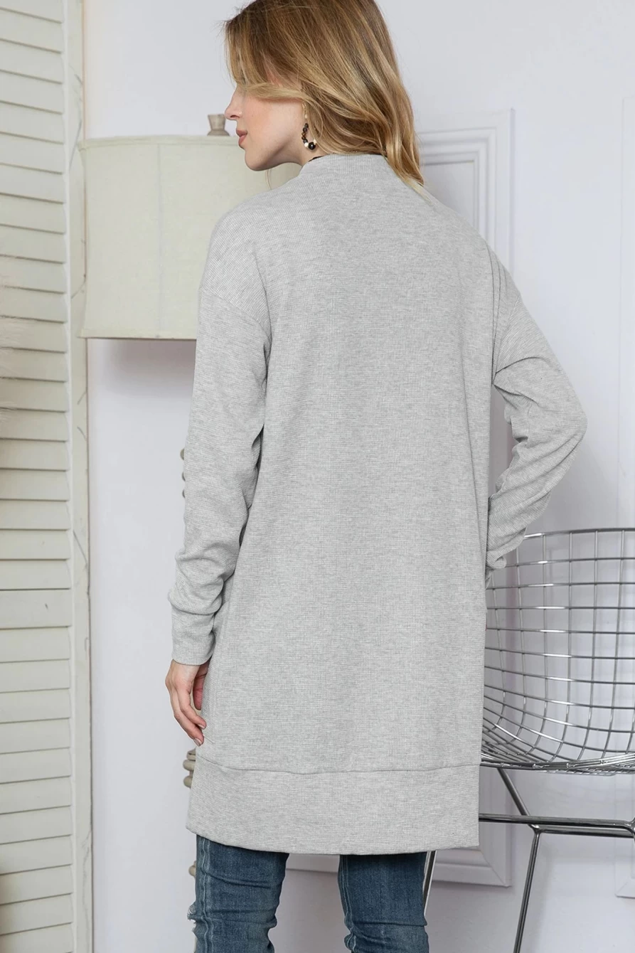 Shewin Women's Beige Long Cable Knit Cardigan with Pockets and Open Front