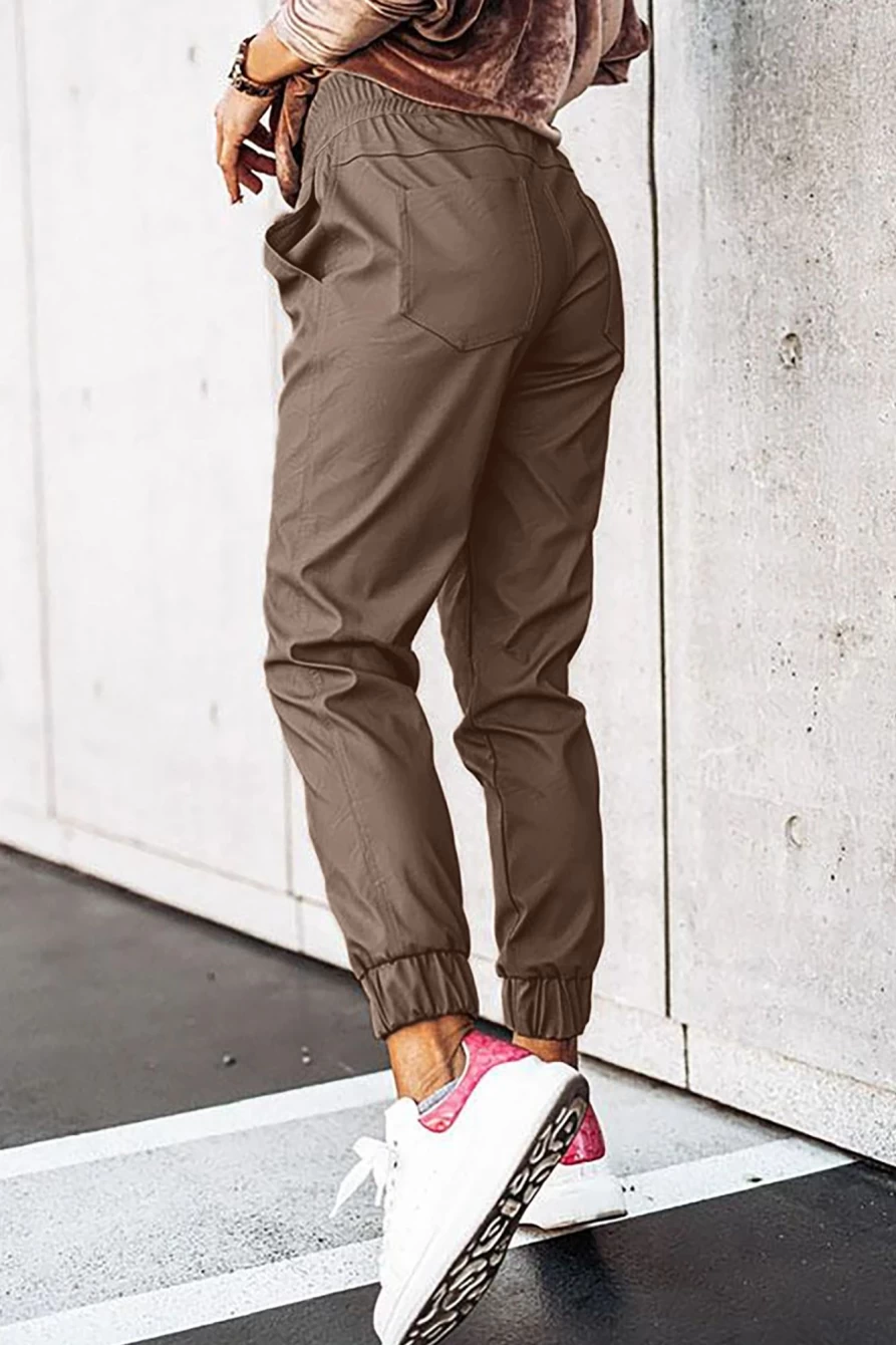 Shewin Women's Brown Leather Tie Waist Elastic Jogger Pants