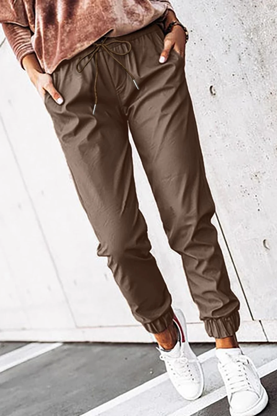 Shewin Women's Brown Leather Tie Waist Elastic Jogger Pants