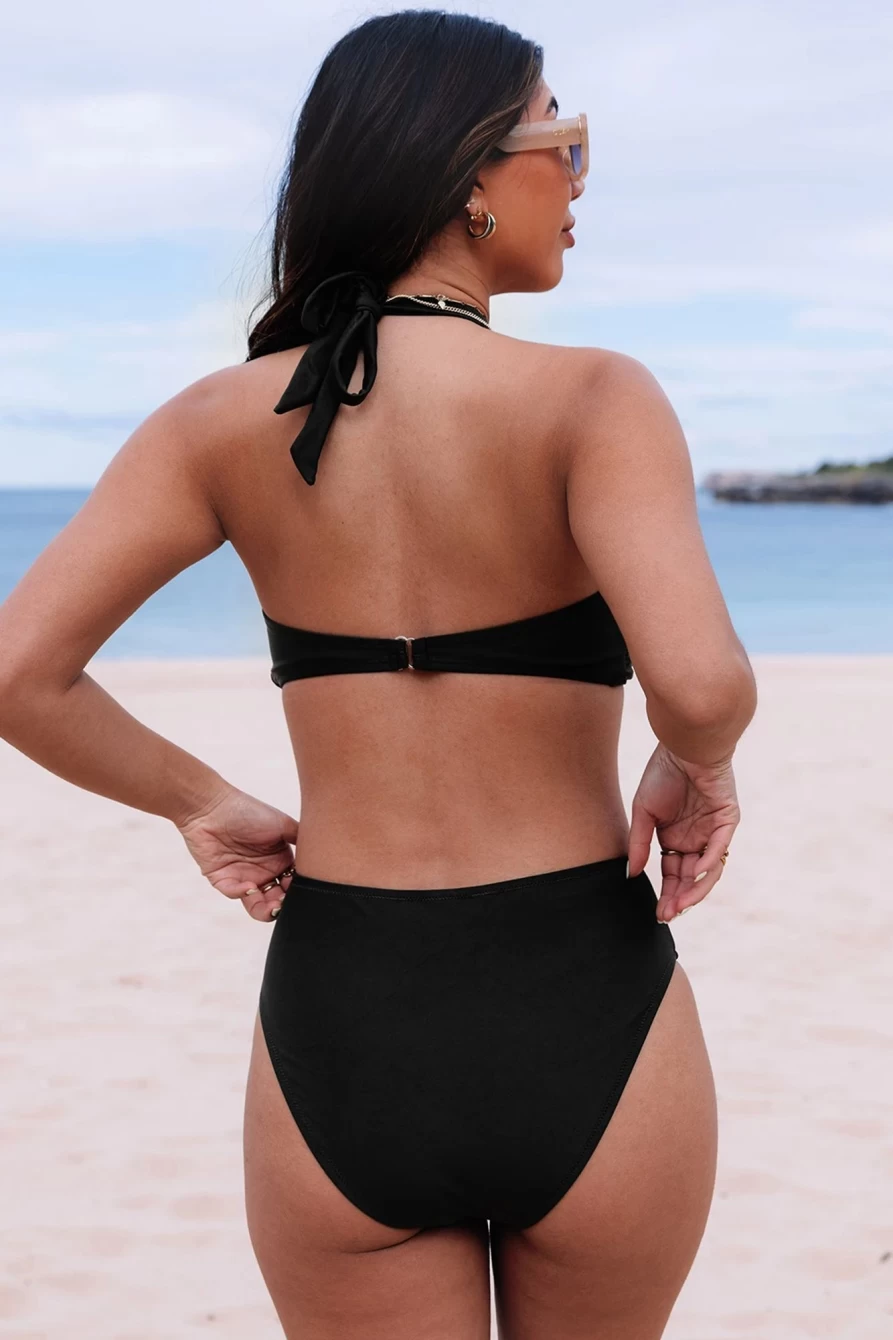 Shewin Women's Black Sexy Halter Monokini Swimsuit with O-Ring & Ruched Bust Detail