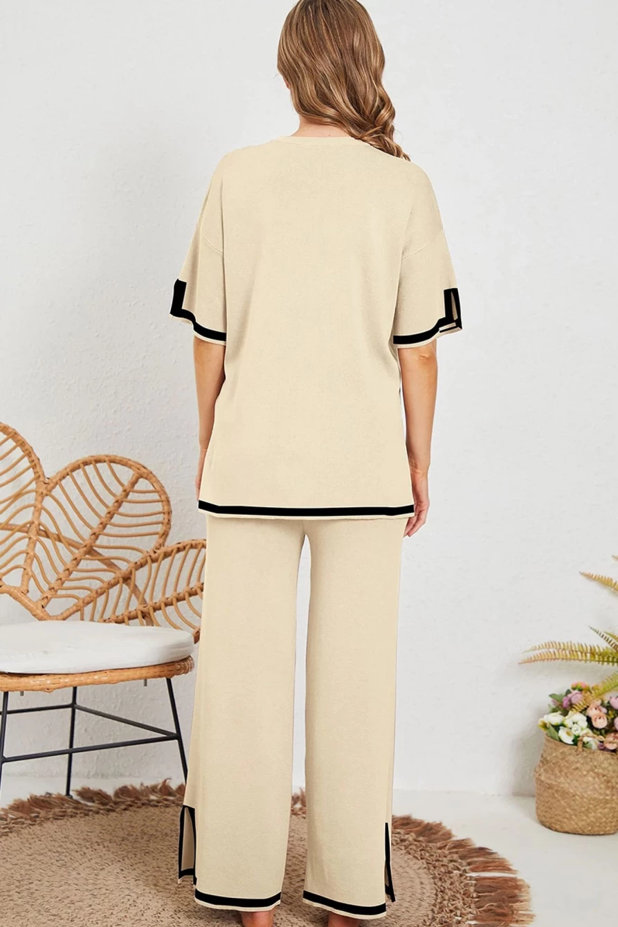 Shewin Women's Apricot Contrast Trim Half Sleeve Sweater & Wide Leg Pants Set