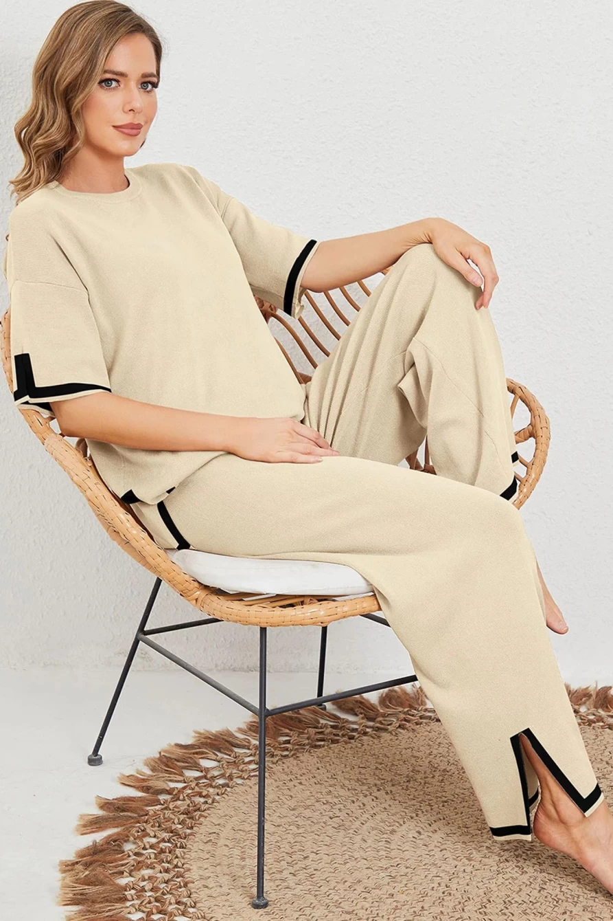 Shewin Women's Apricot Contrast Trim Half Sleeve Sweater & Wide Leg Pants Set