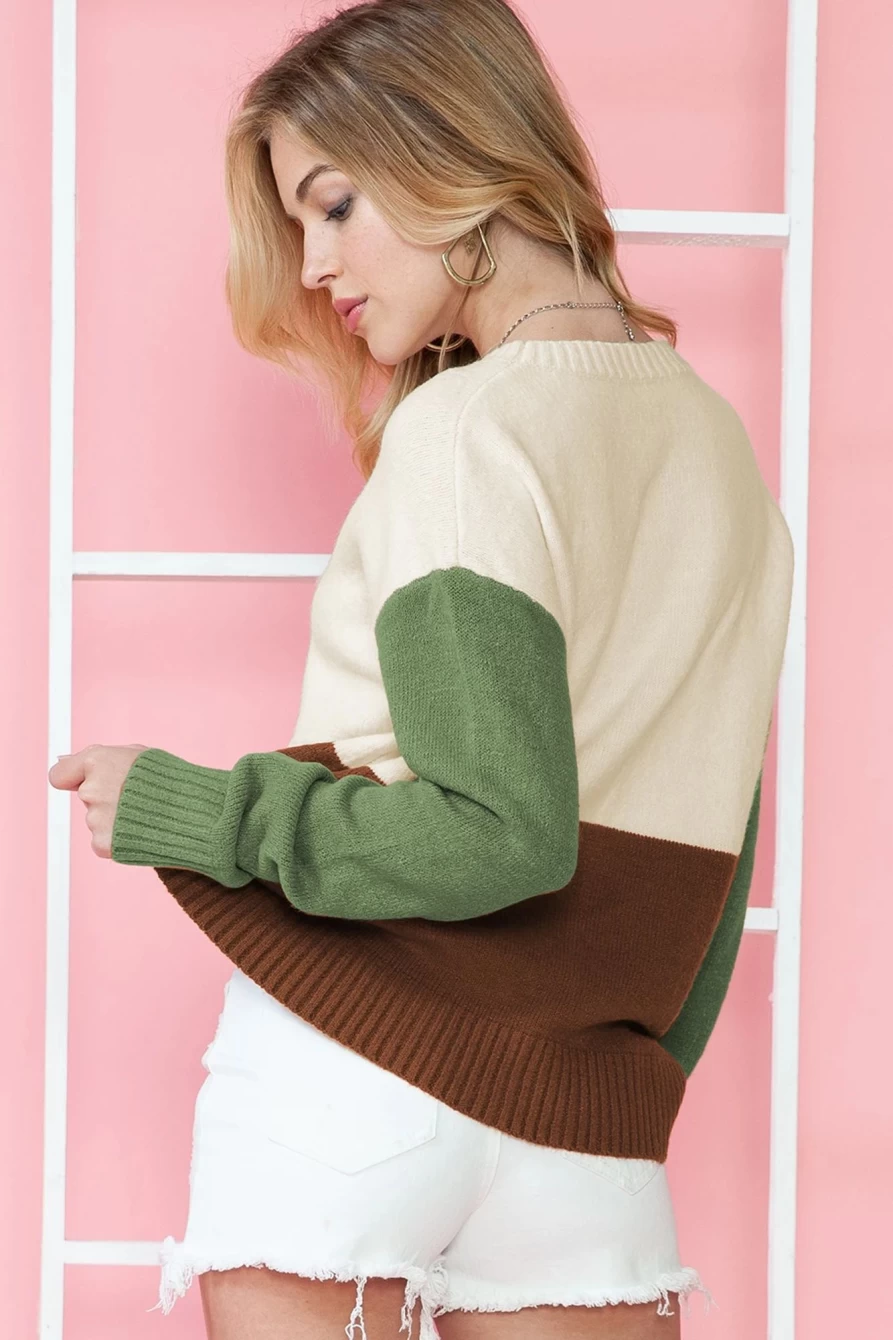 Shewin Women's Parchment Color Block Ribbed Trim Drop Sleeve Sweater