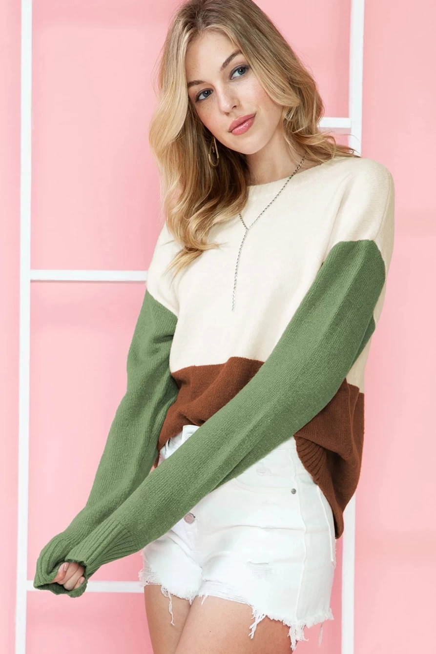 Shewin Women's Parchment Color Block Ribbed Trim Drop Sleeve Sweater