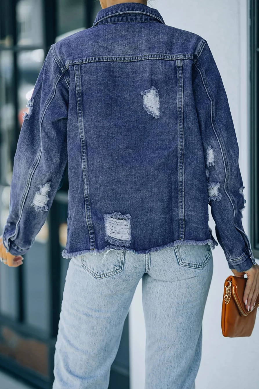 Shewin Women's Blue Distressed Denim Jacket with Dark Lapel & Raw Hem Button Details
