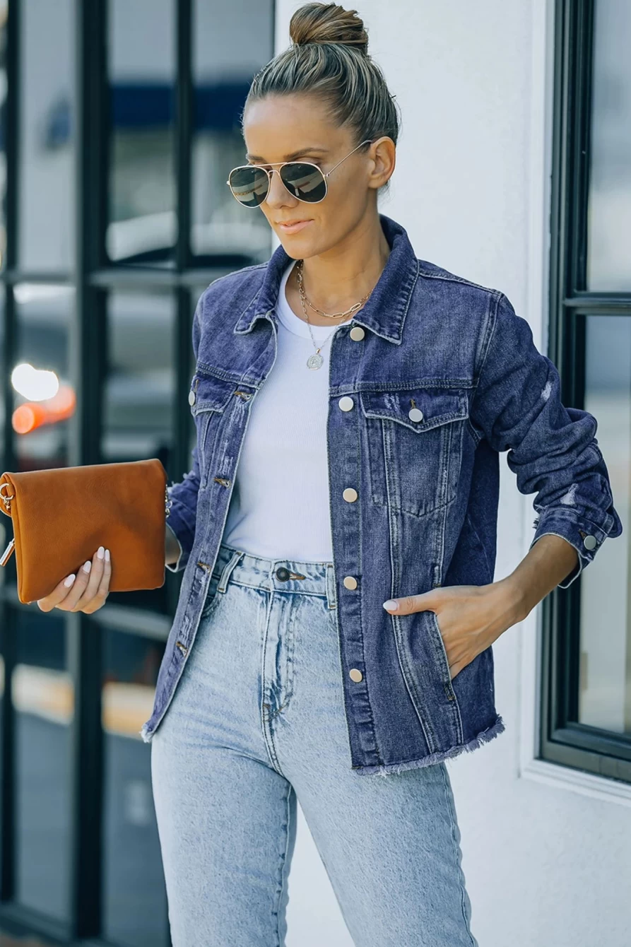 Shewin Women's Blue Distressed Denim Jacket with Dark Lapel & Raw Hem Button Details